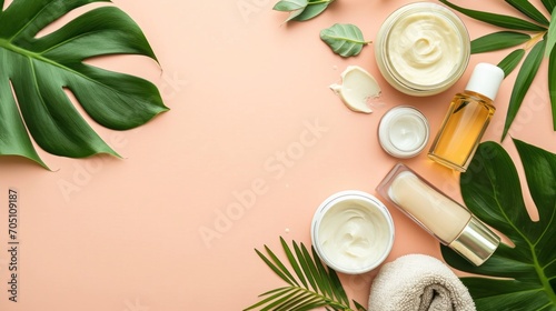 Natural cosmetic products at color background. colour in Peach Fuzz. Cream, mask, lotion photo