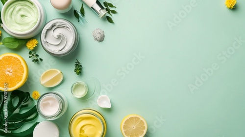 Natural cosmetic products at color background. colour in Peach Fuzz. Cream, mask, lotion photo