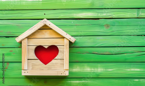wooden birdhouse with heart-shaped entrance on green wooden background