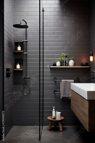 modern bathroom with subway tiles on wall