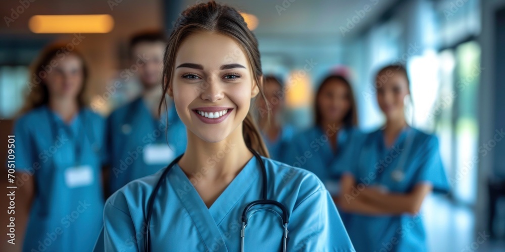 Fototapeta premium Portrait of happy young nurse in uniform with healthcare team