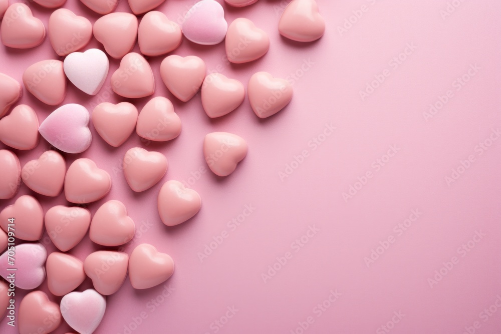 Top view of pink Valentine's Day background with pastel chocolate heart candies