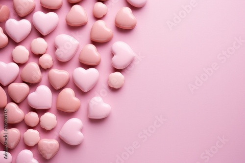 Top view of pink Valentine's Day background with pastel chocolate heart candies
