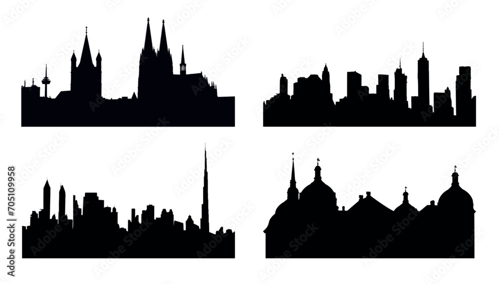 Set of four silhouettes of different cities