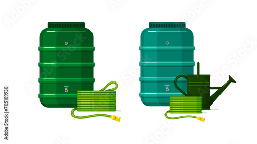 Garden hoses, barrels and watering can, big plastic reservoirs with taps, and rubber pipes for irrigate plants, side view. Vector flat cartoon set isolated on white background