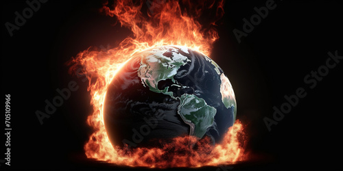 Illustration Burning Earth Globe With Fire Around, Concept Of Ecological Problems Of Our Planet