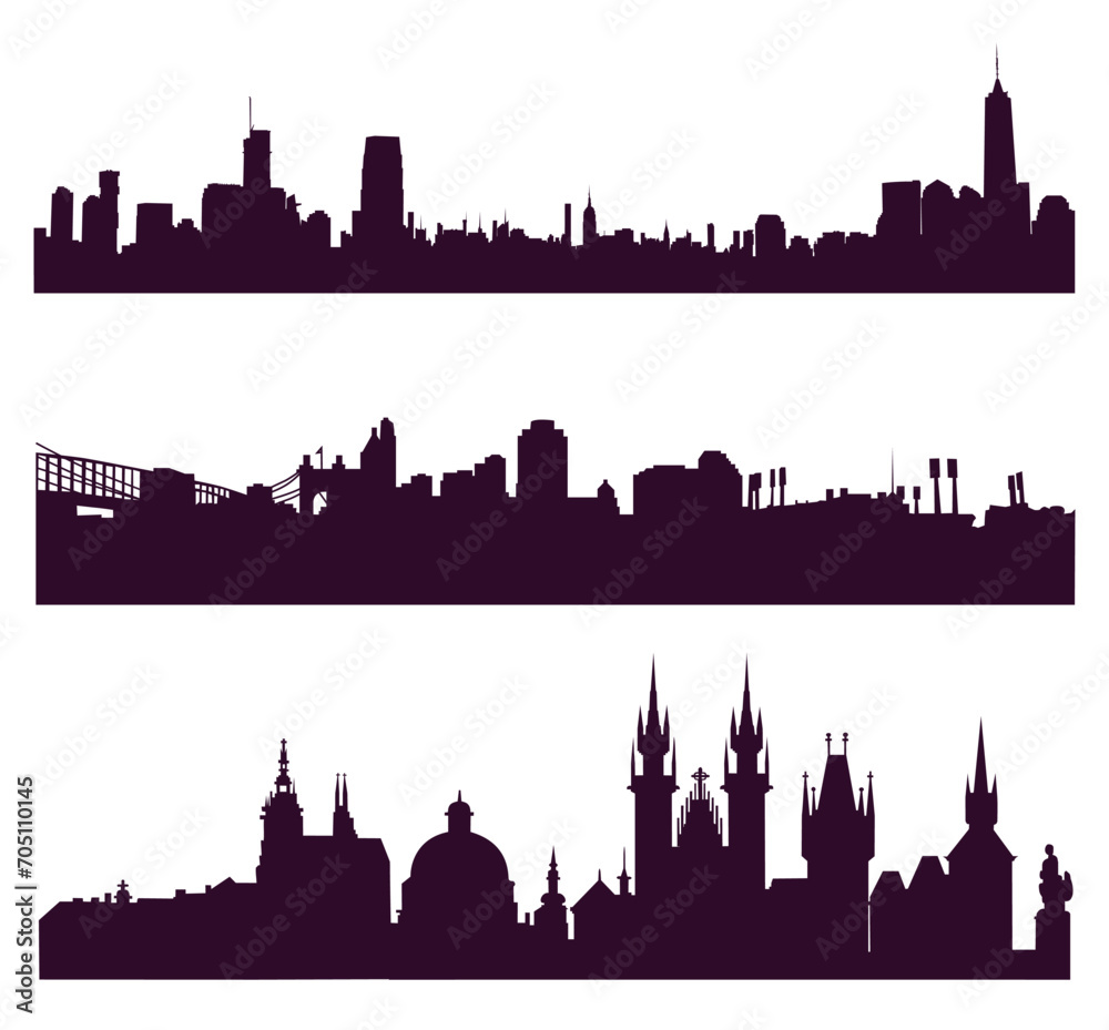 Three silhouettes of different cities