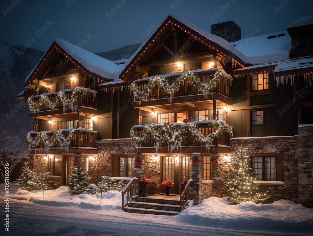 Cozy Wooden Big House With Christmas Illuminations Radiates Winter Christmas Holidays Atmosphere