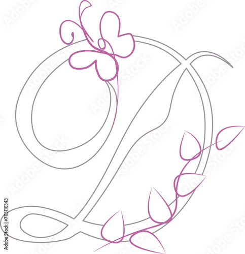 Stylized typography with capital letter D isolated monogram design element butterfly and plant decoration