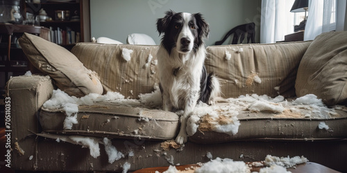 Border collie sitting on a torn coach in living room, got caught doing mess