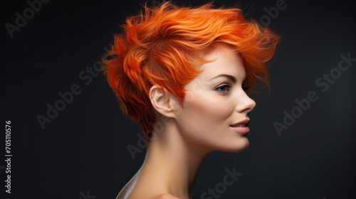 Beautiful woman with colored red hair and creative make up and hairstyle. Beauty face.