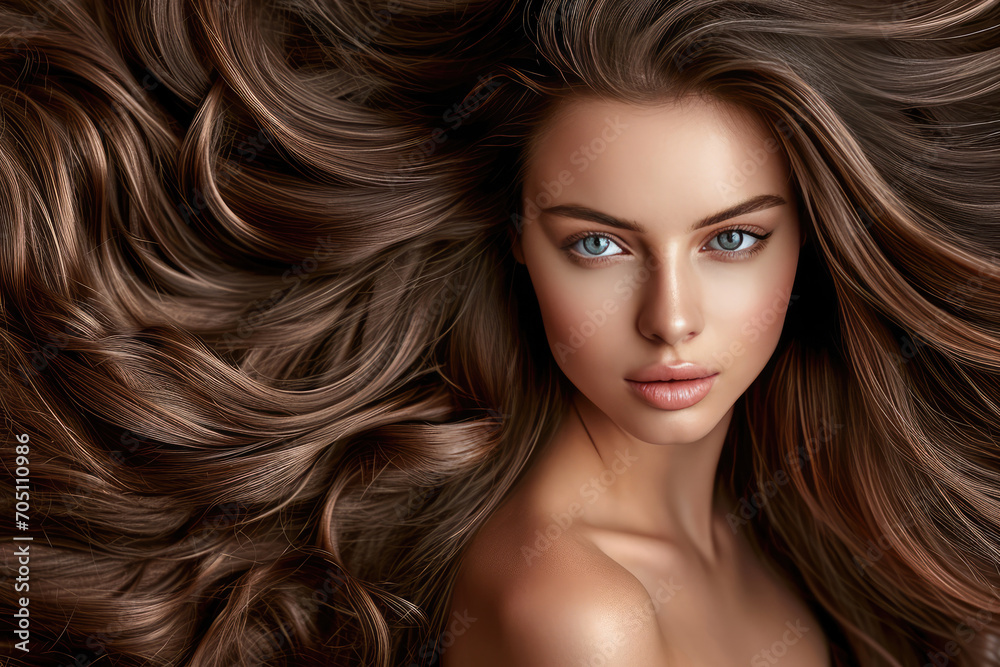 Brunette Girl With Long And Shiny Wavy Hair, Beautiful Model Brunette Girl With Long And Shiny Wavy Hair, Beautiful Model