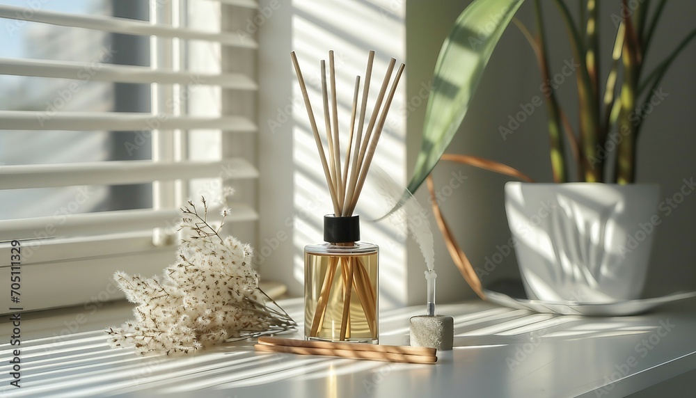 Home fragrance aroma diffuser with rattan sticks with a glass bottle, aroma reed diffuser home fragrance with rattan sticks on a light background - obrazy, fototapety, plakaty 