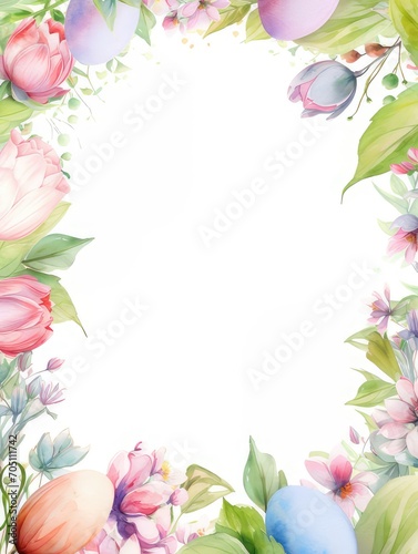 Easter watercolor frame with eggs and spring flowers. Easter background with copy space.