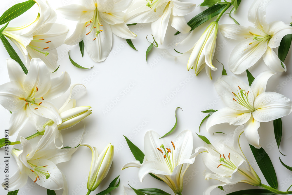 Frame Of Lilies On White Background, Lots Of Space Inside