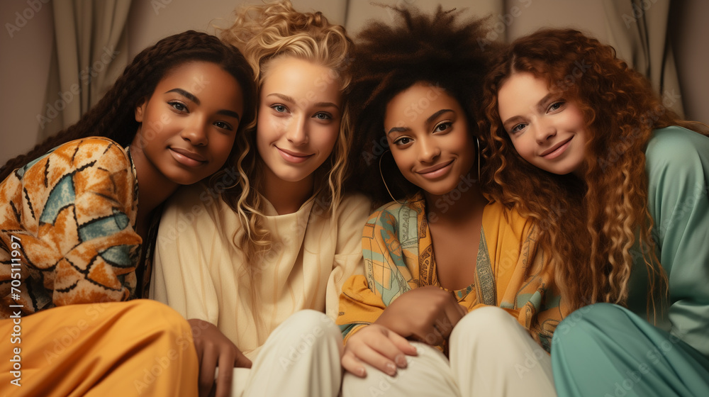 A group of friends with different skin colors seated on a sofa
A group of friends with different skin colors seated on a sofa