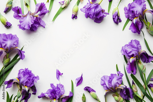 Frame Of Irises On White Background, Lots Of Space Inside