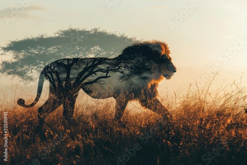 Creative photo poster with full body side silhouette of lion with double exposure of african savanna in silhouette photo