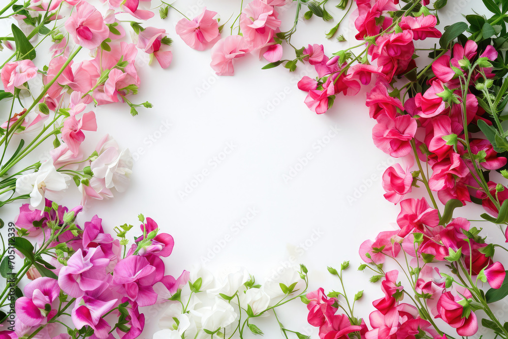 Frame Of Sweet Peas On White Background, Lots Of Space Inside