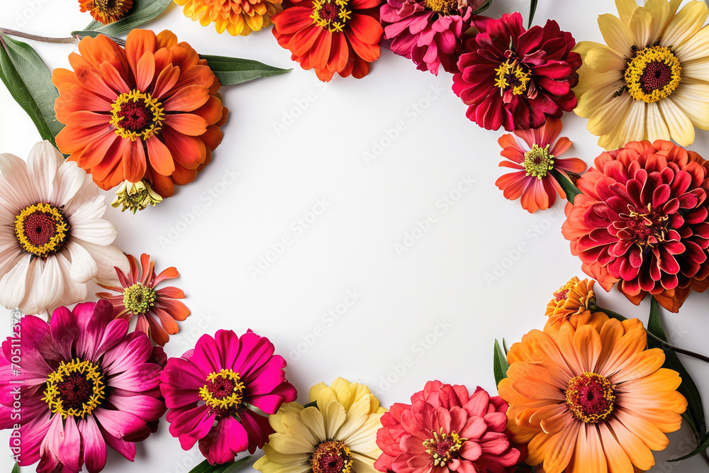 Fototapeta premium Bordered By White Space: Zinnias Take Center Stage