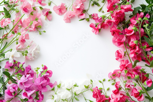 Frame Of Sweet Peas On White Background, Lots Of Space Inside © Anastasiia
