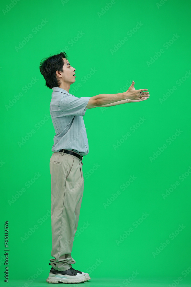 A guy in a blue shirt, on a green background, in full height, screams