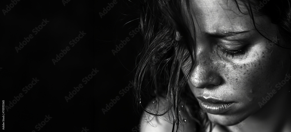 Monochrome image of a woman in tears with copy space