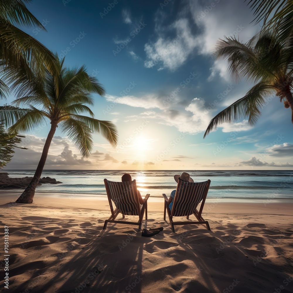 Ein Paar sitzt am Strand und bewunder einen schönen Sonnenuntergang
