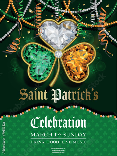 st patrick day background with diamond shamrock, streamers and beads. st. patrick's day party flyer 