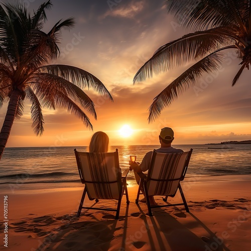 Ein Paar sitzt am Strand und bewunder einen sch  nen Sonnenuntergang