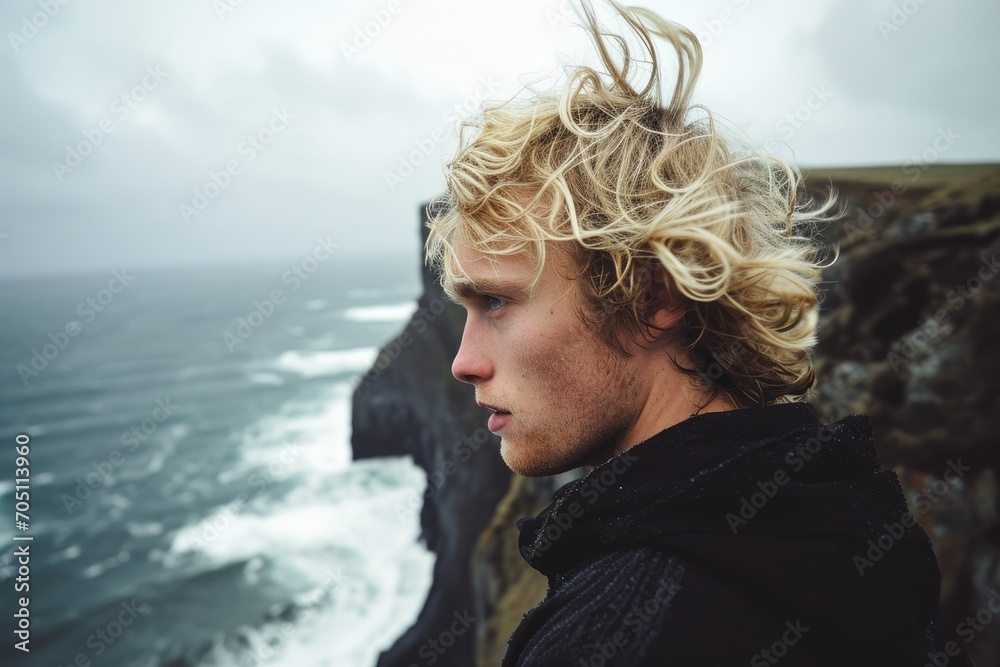 Blonde man with windswept hair on a rugged cliff Blonde man with windswept hair on a rugged cliff