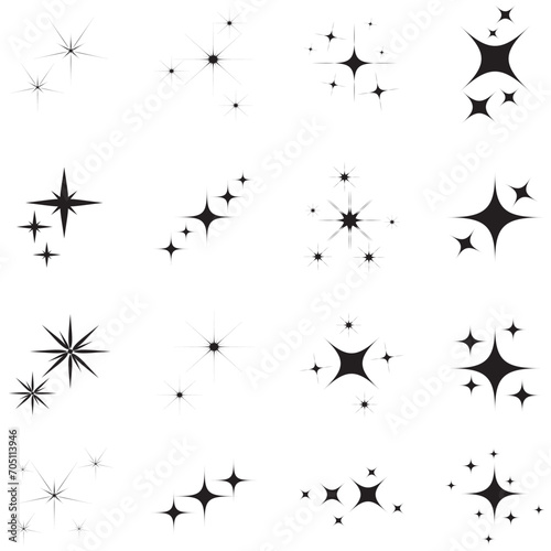 Star vector icons set. Twinkling stars illustration. Sparkles, shining burst. Christmas vector symbols isolated