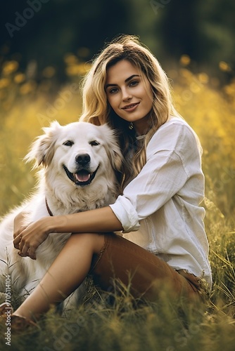 young girl with her dog sitting in the park