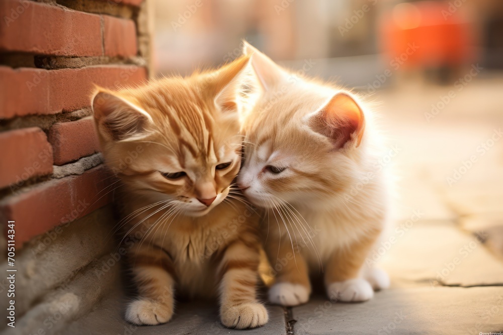 two stray kittens looking sad in the street, looking lost