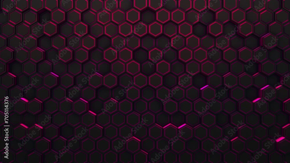 Hexagon background footage. Moving hexagons illuminated. Moving mosaic chaotic animation. Computer graphics background.