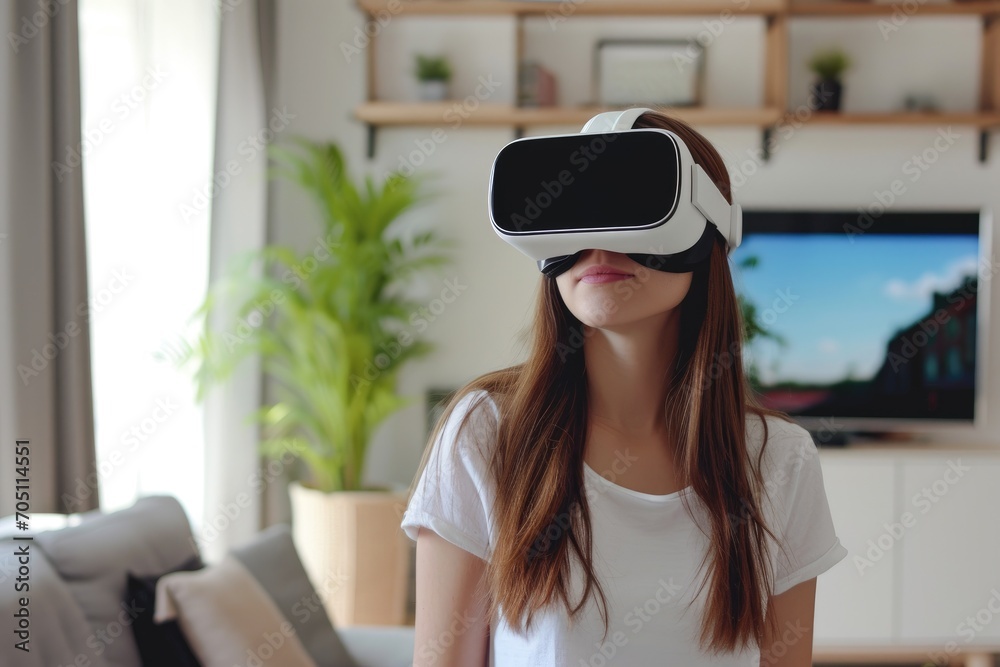 A young woman wearing augmented reality goggles inside a virtual apartment. A young woman looking at a property immersed in the digital world. A young woman wearing augmented reality goggles inside a virtual apartment. A young woman looking at a property immersed in the digital world.