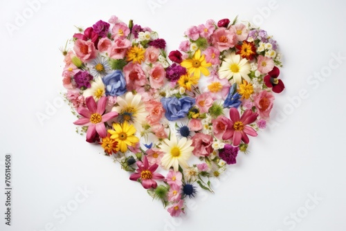 heart shape made of colorful flowers as Valentines Day postcard on white background with copy space. Celebrating Valentine on February 14.