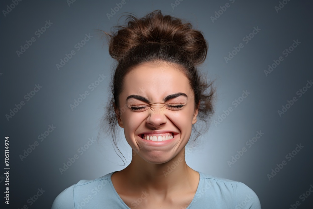 grimacing woman posing in a studio in front of the camera grimacing woman posing in a studio in front of the camera