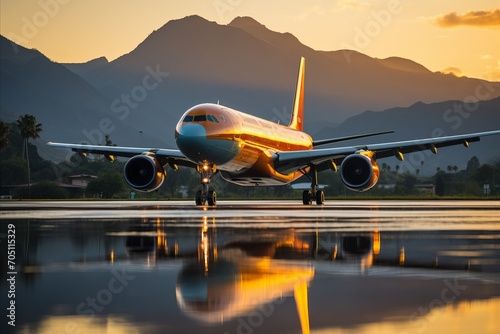 Majestic Airplane on Runway Surrounded by Serene Mountains and Captivating Tropical Sunset