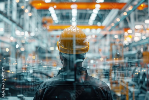 A male engineer wearing a safety helmet in a workshop at an automobile factory, back view. The double exposure emphasizes the complex high-tech production.