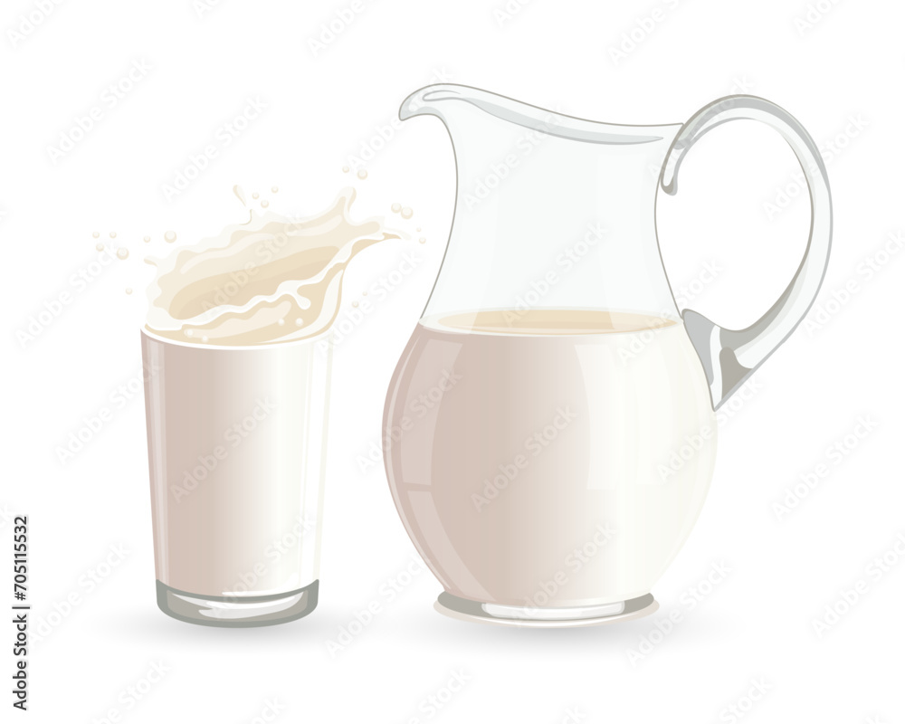 A jug of milk and a glass of milk on a white background. Healthy drink illustration, vector A jug of milk and a glass of milk on a white background. Healthy drink illustration, vector