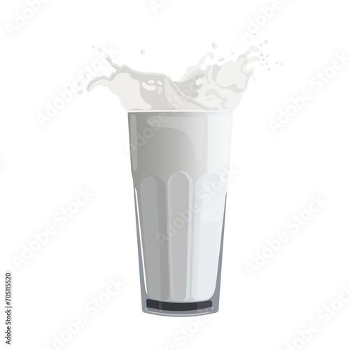 Glass with milk and milk splash on a white background. Healthy drink icon, illustration, vector