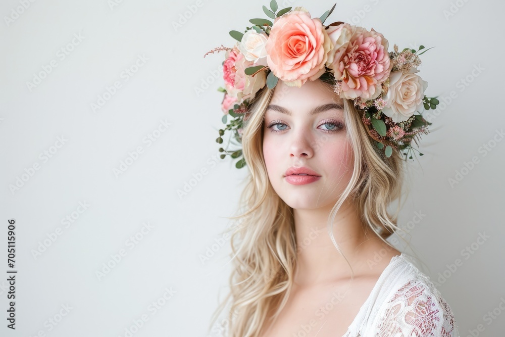 Bohemian portrait of a blonde woman, floral crown, white background