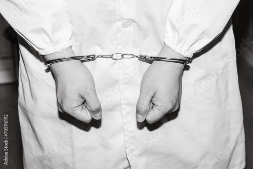Doctor in handcuffs wearing Lab Coat photo