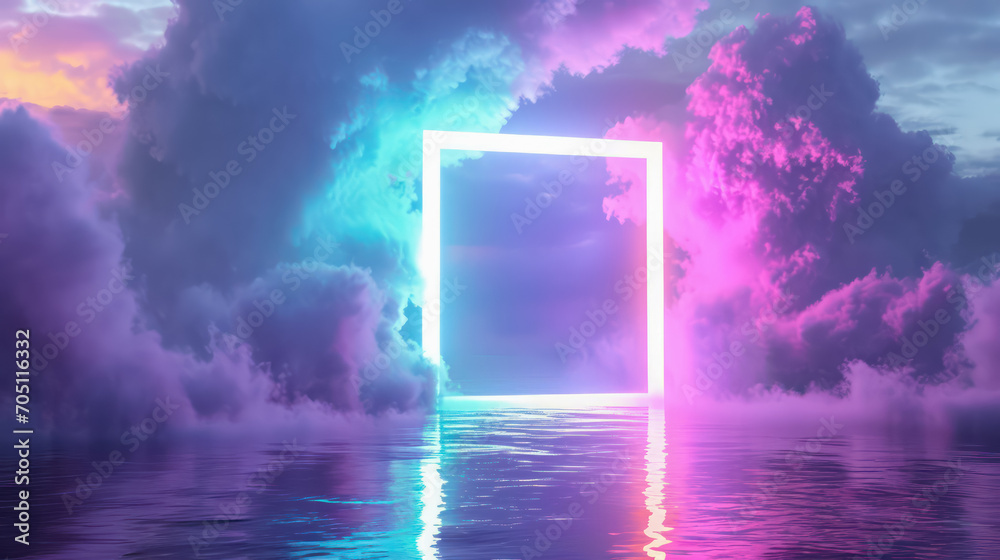neon square portal in cloud fantasy neon square portal in cloud fantasy