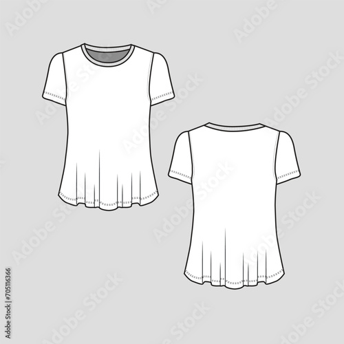 Round neck fashion t shirt top basic regular rib crew neck short sleeve flare hem blouse  clothing fashion tee flat sketch technical drawing template design vector