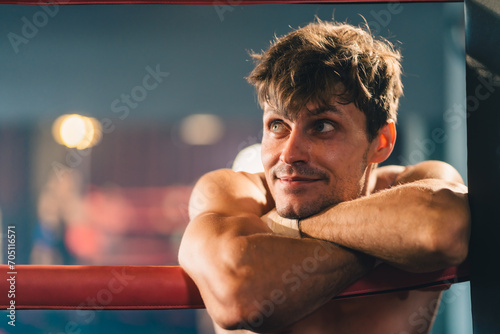 Boxing gym, man portrait and boxer pose technique for protection in mma fight practice studio. Exercise, fitness and athlete focus training for kickboxing safety and wellness preparation.