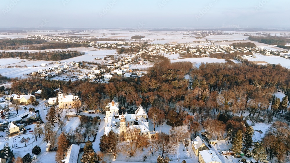 Obraz premium Widok zamku i miejscowości Dąbrowa z wysokości 120 m. pokrytym śniegiem, zima, minus 10°C.