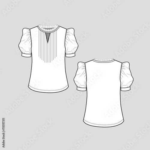  Frill Neck t shirt top notch neck ruffle frills pleat detail on front gathering sleeve cuff fashion  blouse clothing flat sketch technical drawing template  