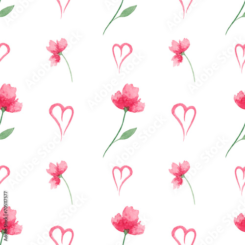 Watercolor pattern, pink flowers, hearts on a white background. For various products, wrapping, valentines day etc.